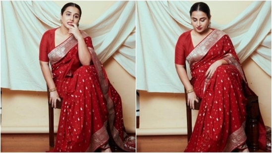 Vidya Balan teamed her traditional red saree look with a similar coloured blouse.(Instagram/@balanvidya)