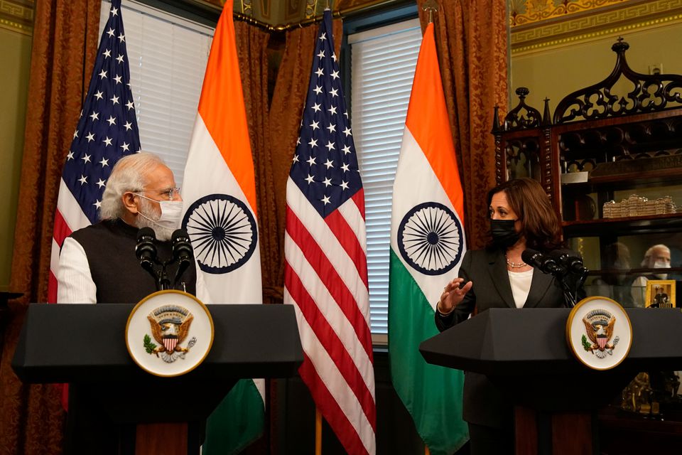 US vice-president Kamala Harris delivers remarks beside Prime Minister Narendra Modi inside the Eisenhower Executive Office building at the White House in Washington, US. (REUTERS) US vice-president Kamala Harris delivers remarks beside Prime Minister Narendra Modi inside the Eisenhower Executive Office building at the White House in Washington, US. (REUTERS)