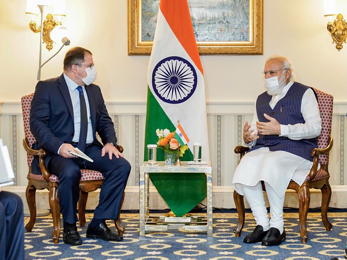 Prime Minister Narendra Modi meets President and CEO of Qualcomm Cristiano Amon on September 23, 2021.