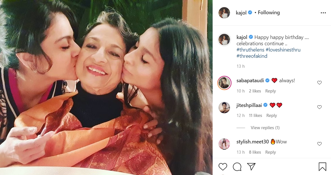 Kajol shared a picture of her and Tanishaa Mukerji kissing Tanuja.