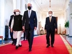 US president Joe Biden walks to the Quad summit with Prime Minister Narendra Modi, Australian Prime Minister Scott Morrison, and Japanese Prime Minister Yoshihide Suga, to the East Room of the White House, on Friday, September 24, 2021, in Washington. (AP Photo / Evan Vucci) US president Joe Biden walks to the Quad summit with Prime Minister Narendra Modi, Australian Prime Minister Scott Morrison, and Japanese Prime Minister Yoshihide Suga, to the East Room of the White House, on Friday, September 24, 2021, in Washington. (AP Photo / Evan Vucci)