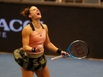 Greece's Maria Sakkari reacts during her semi final match against Poland's Iga Swiatek