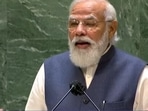Prime Minister Narendra Modi speaking at the United National General Assembly on Saturday.&nbsp;