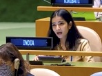 First secretary Sneha Dubey responding to Pakistan Prime Minister Imran Khan's speech at the UNGA on Friday.(PTI Photo) First secretary Sneha Dubey responding to Pakistan Prime Minister Imran Khan's speech at the UNGA on Friday.(PTI Photo)