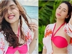 Disha Parmar's hot pink bikini top and printed bottoms set with floral shrug is worth  <span class='webrupee'>₹</span>3k