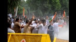 Police using water cannons to disperse Congress workers protesting against the BJP outside the municipal corporation office in Sector 17, Chandigarh, on Saturday. (Ravi Kumar/HT) Police using water cannons to disperse Congress workers protesting against the BJP outside the municipal corporation office in Sector 17, Chandigarh, on Saturday. (Ravi Kumar/HT)