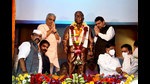 Maharashtra State opposition leader, Devendra Fadnavis (top right), Central minister Bhupendra Yadav (top left) at a function in Navi Mumbai on Saturday. Fadnavis took a dig at the present MVA, calling it a government of scams. (BACHCHAN KUMAR/HT PHOTO) Maharashtra State opposition leader, Devendra Fadnavis (top right), Central minister Bhupendra Yadav (top left) at a function in Navi Mumbai on Saturday. Fadnavis took a dig at the present MVA, calling it a government of scams. (BACHCHAN KUMAR/HT PHOTO)