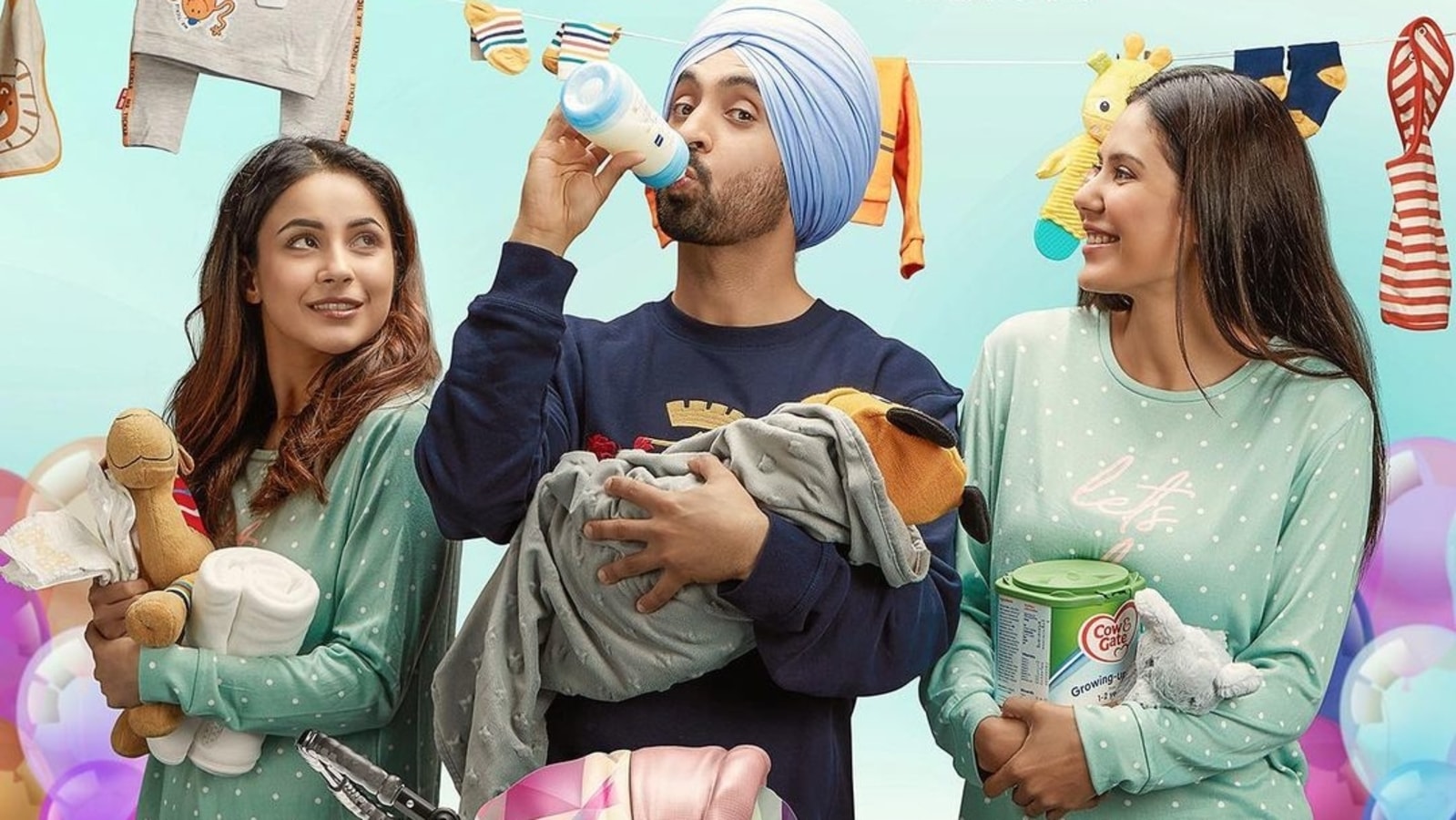 Shehnaaz Gill holds toys, Diljit Dosanjh cradles baby in new Honsla Rakh poster - Hindustan Times