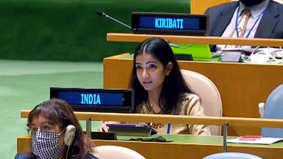 First Secretary Sneha Dubey responding to Pakistan Prime Minister Imran Khan's speech at the 76th session of UNGA, in New York on Friday. (ANI) First Secretary Sneha Dubey responding to Pakistan Prime Minister Imran Khan's speech at the 76th session of UNGA, in New York on Friday. (ANI)