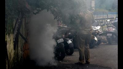 A civic staff carries out fogging in Navi Mumbai as 66 new suspected dengue cases are reported in one week by NMMC. (BACHCHAN KUMAR/HT PHOTO) A civic staff carries out fogging in Navi Mumbai as 66 new suspected dengue cases are reported in one week by NMMC. (BACHCHAN KUMAR/HT PHOTO)