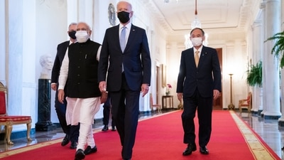 President Joe Biden walks to the Quad summit with Australian Prime Minister Scott Morrison, Indian Prime Minister Narendra Modi, and Japanese Prime Minister Yoshihide Suga, in the East Room of the White House on, September 24 in Washington. (AP) President Joe Biden walks to the Quad summit with Australian Prime Minister Scott Morrison, Indian Prime Minister Narendra Modi, and Japanese Prime Minister Yoshihide Suga, in the East Room of the White House on, September 24 in Washington. (AP)