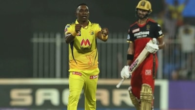 Dwayne Bravo celebrating Virat Kohli's wikcet during IPL 2021 match no. 34 in Sharjah (iplt20.com)