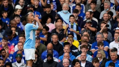 Manchester City's Gabriel Jesus celebrates after scoring his side's opening goal during the English Premier League soccer match between Chelsea and Manchester City at Stamford Bridge Stadium in London, Saturday, Sept. 25, 2021.&nbsp; (AP)