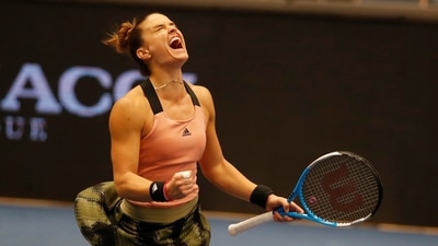 Greece's Maria Sakkari reacts during her semi final match against Poland's Iga Swiatek (REUTERS)