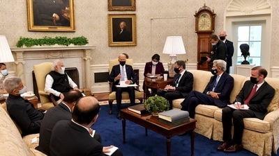 PM Modi with US President Joe Biden in the Oval Office of the White House. (PTI) PM Modi with US President Joe Biden in the Oval Office of the White House. (PTI)