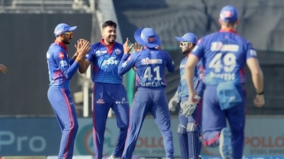 Delhi Capitals players celebrate the wicket of Liam Livingstone of Rajasthan Royals. (PTI) Delhi Capitals players celebrate the wicket of Liam Livingstone of Rajasthan Royals. (PTI)