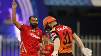 Mohammad Shami of Punjab Kings celebrates after takes a wicket of Kane Williamson captain of Sunrisers Hyderabad during the Vivo IPL match between the Punjab Kings and the the sunrises Hyderabad, at the Sharjah Cricket Stadium, at the Sharjah Cricket Stadium in Sharjah on Saturday. (ANI) Mohammad Shami of Punjab Kings celebrates after takes a wicket of Kane Williamson captain of Sunrisers Hyderabad during the Vivo IPL match between the Punjab Kings and the the sunrises Hyderabad, at the Sharjah Cricket Stadium, at the Sharjah Cricket Stadium in Sharjah on Saturday. (ANI)