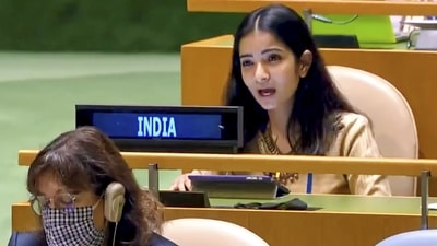 First secretary Sneha Dubey responding to Pakistan Prime Minister Imran Khan's speech at the UNGA on Friday. (PTI Photo)