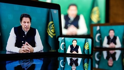 Imran Khan, Pakistan's prime minister, speaks in a prerecorded video during the United Nations General Assembly via live stream in New York, on Friday, September 24, 2021. (Michael Nagle / Bloomberg) Imran Khan, Pakistan's prime minister, speaks in a prerecorded video during the United Nations General Assembly via live stream in New York, on Friday, September 24, 2021. (Michael Nagle / Bloomberg)