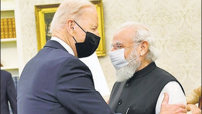 Prime Minister Narendra Modi with US President Joe Biden, at White House, in Washington DC on Friday. The joint statement condemned cross-border terrorism, and called for the perpetrators of the 26/11 Mumbai terror attacks to be brought to justice. (ANI) Prime Minister Narendra Modi with US President Joe Biden, at White House, in Washington DC on Friday. The joint statement condemned cross-border terrorism, and called for the perpetrators of the 26/11 Mumbai terror attacks to be brought to justice. (ANI)