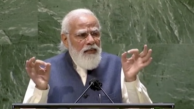 Prime Minister Narendra Modi addresses the 76th session of the United Nations General Assembly in New York. (PTI) Prime Minister Narendra Modi addresses the 76th session of the United Nations General Assembly in New York. (PTI)