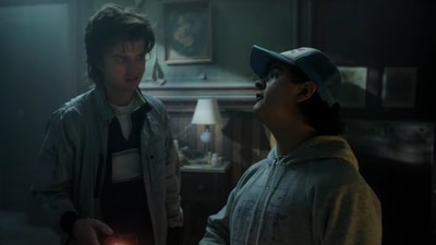 Joe Keery and Gaten Matarazzo in a clip from Stranger Things season 4. Joe Keery and Gaten Matarazzo in a clip from Stranger Things season 4.