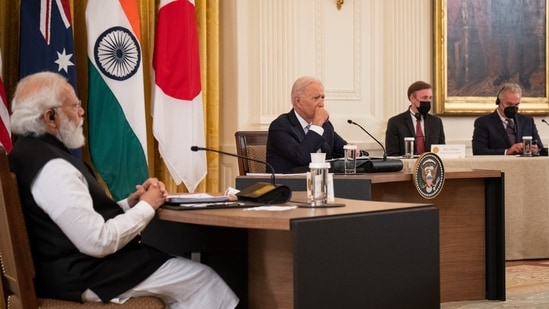 US President Joe Biden hosts a meeting with Indian Prime Minister Narendra Modi in the East Room of the White House in Washington, D.C. on September 24. (Bloomberg)
