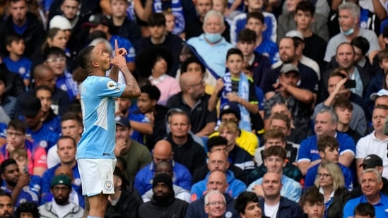 Manchester City's Gabriel Jesus celebrates after scoring his side's opening goal during the English Premier League soccer match between Chelsea and Manchester City at Stamford Bridge Stadium in London, Saturday, Sept. 25, 2021.&nbsp;(AP)