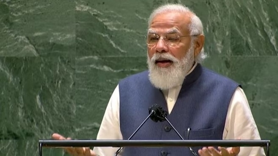 Prime Minister Narendra Modi speaking at the United National General Assembly on Saturday.&nbsp;