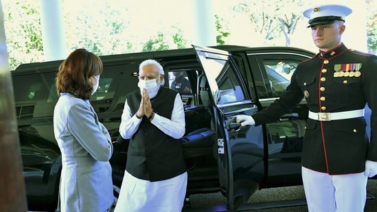 PM Modi with United States Vice President Kamala Harris at the Oval Office of the White House in Washington. (PTI)