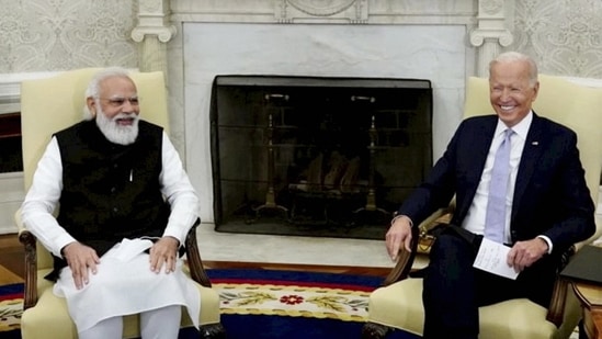 Joe Biden hosted Prime Minister Narendra Modi at the Oval Office in the White House for the first in-person bilateral meeting. PM Modi said in his opening remarks that the bilateral summit was important and seeds have been sown for an even stronger friendship between India and the US.(PTI)
