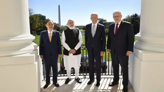PM Modi, US President Joe Biden, Australian PM Scott Morrison and Japanese PM Yoshihide Suga before the Quad Summit in Washington. (PTI)