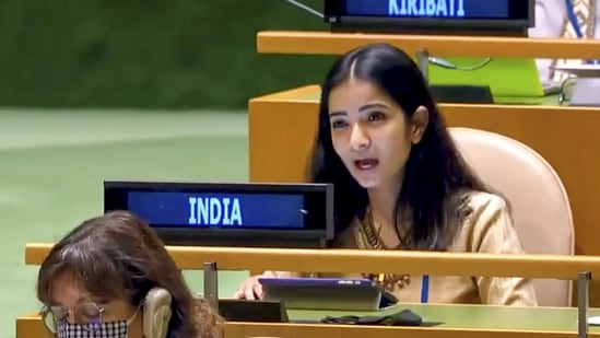 First Secretary Sneha Dubey at the United Nations General Assembly (UNGA) session. (Image posted by @IndiaUNNewYork on Twitter)