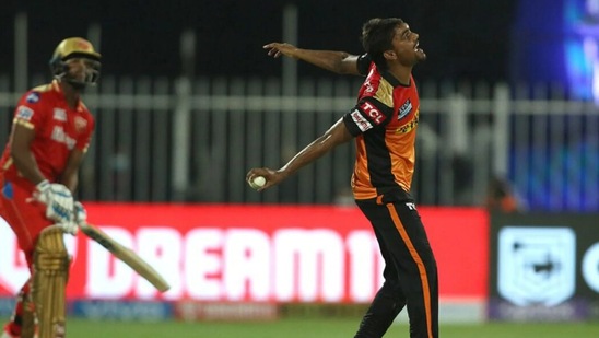 Sandeep Sharma completed a brave caught and bowled to dismiss Nicholas Pooran for 8.(BCCI/IPL)