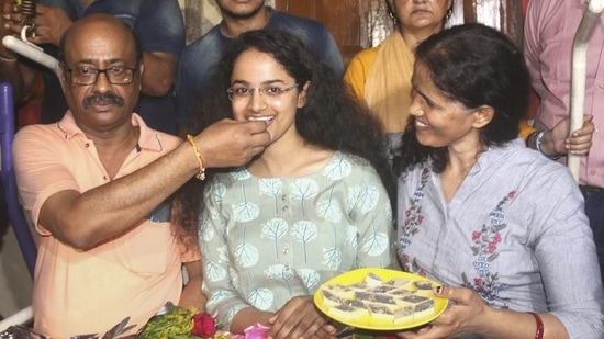 Jagrati Awasthi, the second rank holder, celebrates after Union Public Service Commission declared UPSC civil services results.&nbsp;(PTI Photo)