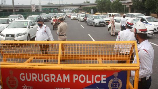 A view of the barricading by Haryana Police on Delhi-Gurugram Expressway due to Shiromani Akali Dal workers and farmers' protests in Gurugram on September 17. (PTI)