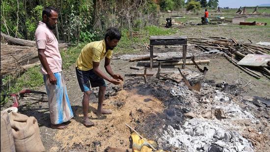 People search their belongings near the demolished houses during an agitation against the ongoing anti-encroachment drive, in Darrang, Assam, on Friday. (ANI) People search their belongings near the demolished houses during an agitation against the ongoing anti-encroachment drive, in Darrang, Assam, on Friday. (ANI)