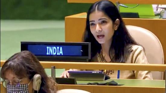 India fielded a young woman diplomat – Sneha Dubey, the first secretary at the mission to the UN in New York – to exercise the right of reply to respond to allegations made by the Pakistani premier at the General Assembly. (HT PHOTO.) India fielded a young woman diplomat – Sneha Dubey, the first secretary at the mission to the UN in New York – to exercise the right of reply to respond to allegations made by the Pakistani premier at the General Assembly. (HT PHOTO.)