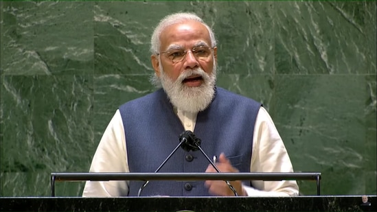 Prime Minister Narendra Modi addresses the 76th United Nations General Assembly on Saturday. Prime Minister Narendra Modi addresses the 76th United Nations General Assembly on Saturday.