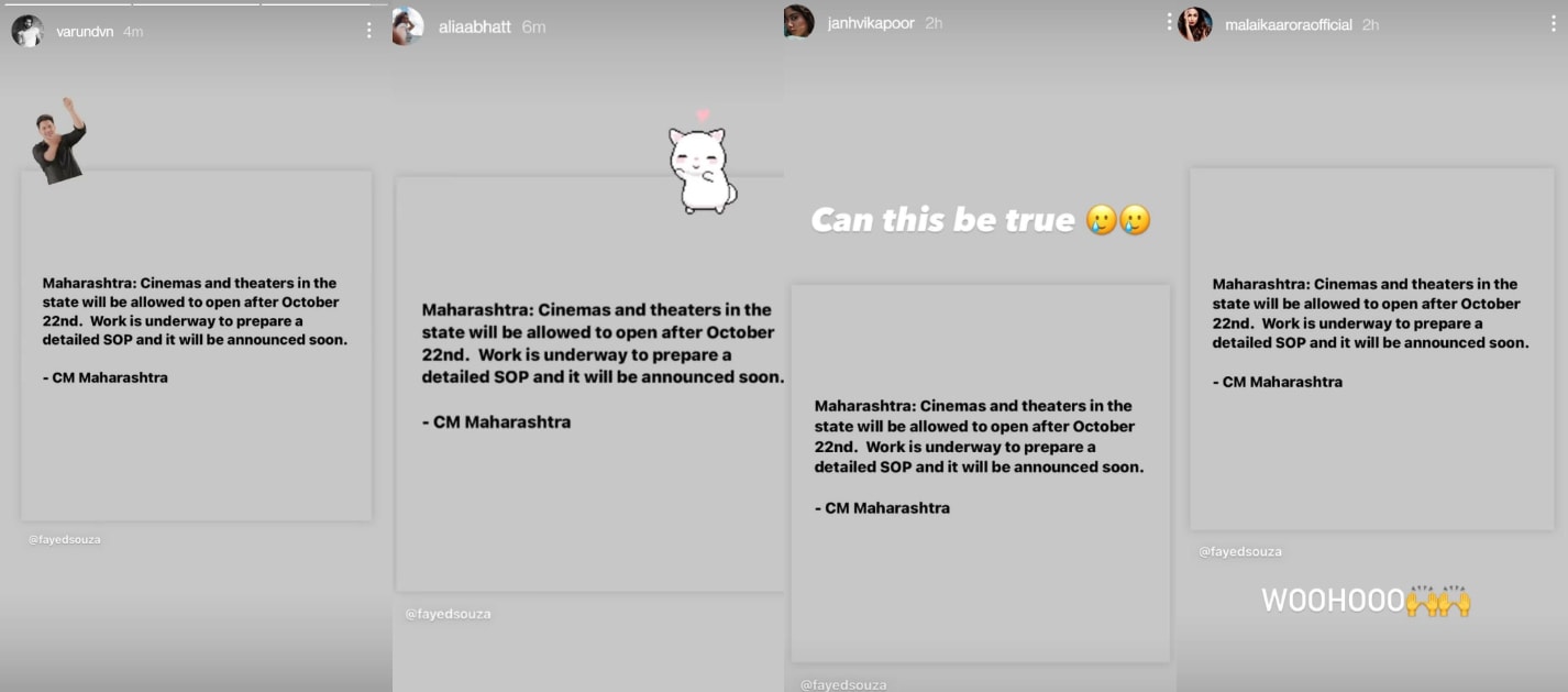 Varun Dhawan, Alia Bhatt, Janhvi Kapoor and Malaika Arora react as theatres in Maharashtra to reopen in October.