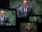 Sergei Lavrov, Russia's foreign minister, speaks during the United Nations General Assembly via live stream in New York, on Saturday. (Bloomberg) Sergei Lavrov, Russia's foreign minister, speaks during the United Nations General Assembly via live stream in New York, on Saturday. (Bloomberg)