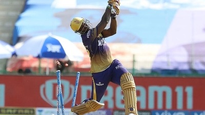 KKR's Andre Russell lost his wicket to Shardul Thakur during IPL 2021 match no 38 in Abu Dhabi (iplt20.com)