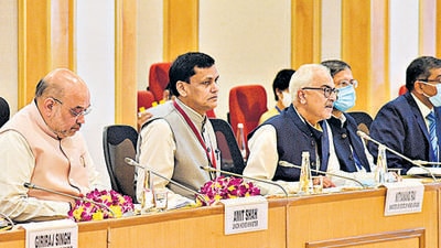 Union home minister Amit Shah chairs a high-level meeting with chief ministers of 10 Maoist-hit states in New Delhi on Sunday. (PTI) Union home minister Amit Shah chairs a high-level meeting with chief ministers of 10 Maoist-hit states in New Delhi on Sunday. (PTI)
