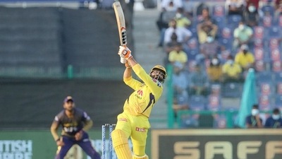 CSK's Ravindra Jadeja plays a shot during IPL 2021 match no 38 in Abu Dhabi (iplt20.com)