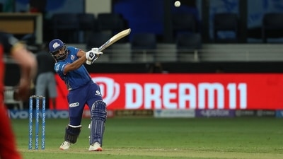 After a quiet couple of overs at the start, Rohit Sharma decided to up the ante by hitting Kyle Jamieson for three boundaries in a row. (BCCI/IPL) After a quiet couple of overs at the start, Rohit Sharma decided to up the ante by hitting Kyle Jamieson for three boundaries in a row. (BCCI/IPL)