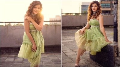 On Saturday, Rubina posted pictures of herself wearing a green printed and embroidered mini dress with tulle details on the gram. Rubina's outfit is from the shelves of the clothing brand Manisha Soni. The Bigg Boss 14 winner accessorised the look with jewellery from House Of Meenu Gupta. (Instagram/@rubinadilaik)
