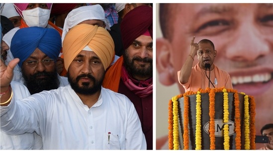 Punjab chief minister (L) Charanjit Singh Channi and Uttar Pradesh chief minister (R) Yogi Adityanath to expand their cabinets today as Punjab and Uttar Pradesh head towards legislative elections in 2022.&nbsp;(PTI/AFP/HT Photos)