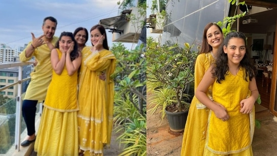 Dia Mirza with Vaibhav Rekhi and Samaira.&nbsp;