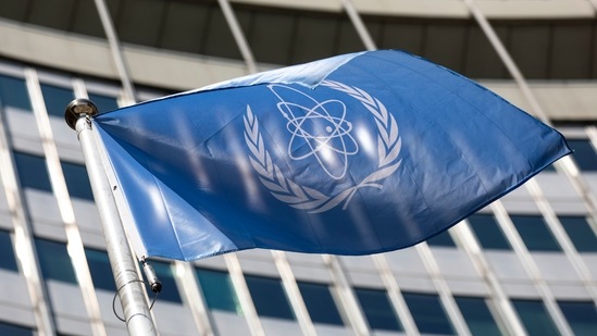The flag of the International Atomic Energy Agency (IAEA) waves at the entrance of the Vienna International Center in Vienna.&nbsp;(AP File Photo)