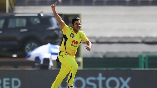 CSK's Shardul Thakur celebrates the wicket of Venkatesh Iyer during IPL 2021 match no 38 in Abu Dhabi(iplt20.com)